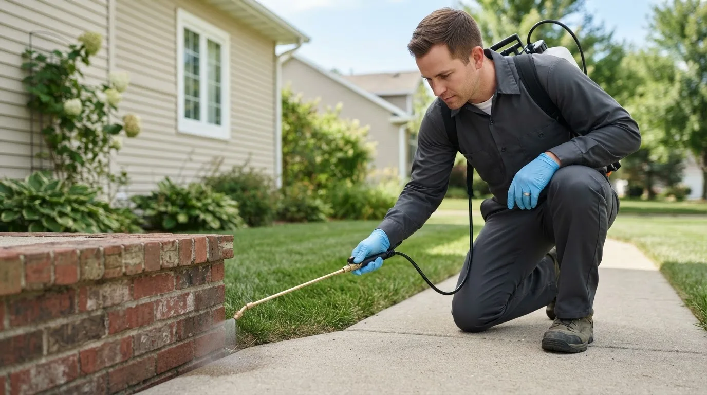 Pest control technician treating a home near Creston, IA
