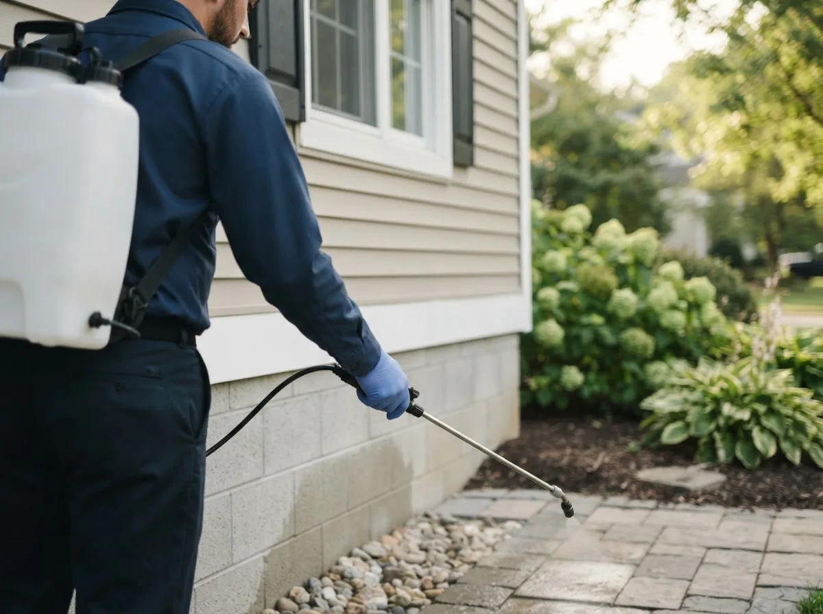 Pest control technician inspecting a home in Creston, IA